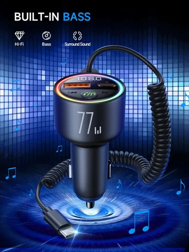 Miniatura 2 de Adaptador de coche de transmisor FM Bluetooth 5.4 de 77 W [PD3.0 65W+12W de carga rápida] Adaptador Bluetooth para automóvil