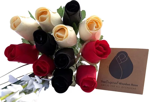 Miniatura 10 de Rojo con puntas negras y ramo de rosas de madera blanca (2 docenas)