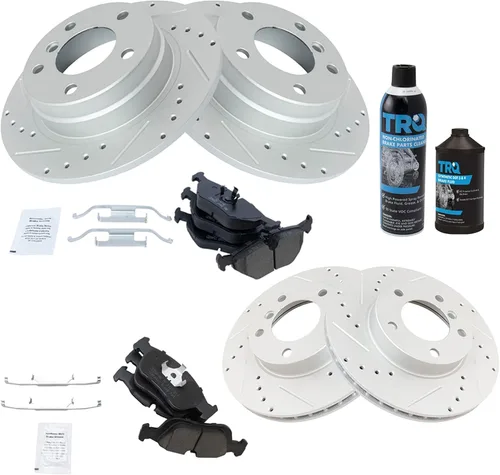 Miniatura 2 de TRQ Kit de pastillas de freno y rotor delantero y trasero de cerámica de alto rendimiento con revestimiento en G ranurado X perforado compatible