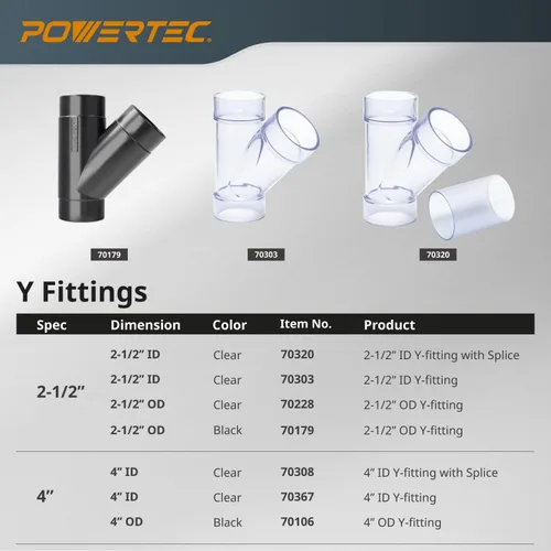 Miniatura 6 de POWERTEC Accesorio en Y de 4 pulgadas para manguera de recolección de polvo de 4 pulgadas, accesorios de conector de manguera de recolección de 4" Y