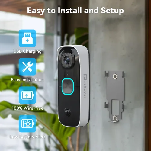 Miniatura 8 de Swann Buddy4K UHD - Timbre de puerta con video inalámbrico y campana Sin tarifa mensual Vista ultraancha de 165° Análisis inteligente Audio