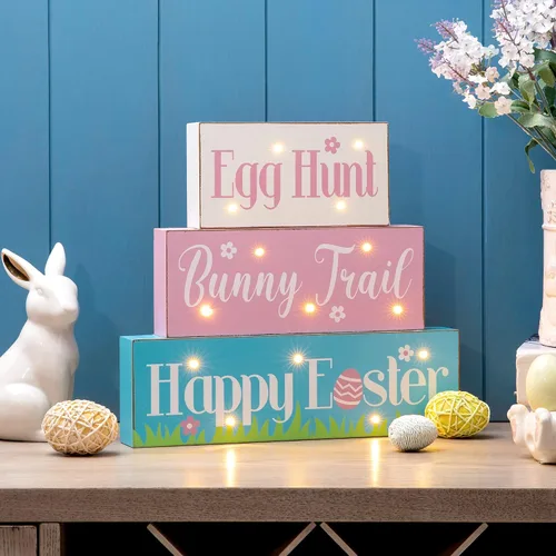 Miniatura 8 de Glitzhome Letrero de mesa de madera con luz LED, diseño de conejito de Pascua con texto para primavera, suministros de fiesta de Pascua