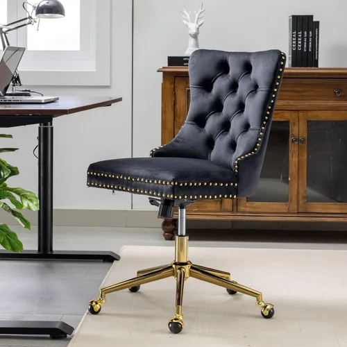 Miniatura 22 de Silla de oficina en casa de terciopelo con base de metal dorado y ribete de cabeza de clavo, moderna silla de trabajo tapizada giratoria tapizada