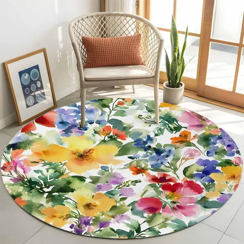 Round Rugs 3 Feet, Green Yellow Floral Non Slip Area Rugs for Living Room, Bedroom, Barhroom, Entryway, Purple Blue Watercolor Retro Leaf Soft
