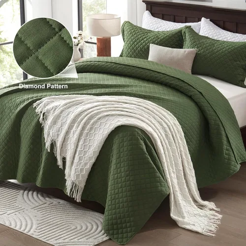 Miniatura 2 de SunStyle Home Colchas Tamaño Queen Verde Oliva, Cubrecamas Edredón Ligero, Juego de Ropa de Cama Tamaño Full Queen, Colcha Coverlet con Costuras 01