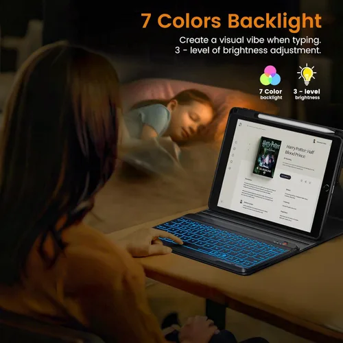 Miniatura 4 de OYEEICE Funda de teclado para iPad 6ª/5ª generación de 9.7 pulgadas, teclado inalámbrico desmontable retroiluminado de 7 colores, cubierta magnética