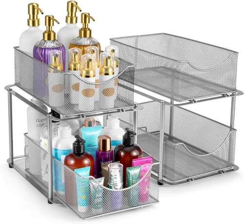 Miniatura 13 de Sorbus Organizador de metal para debajo del fregadero de 2 niveles para baño, cocina, cajones deslizantes de malla de acero fuerte para debajo