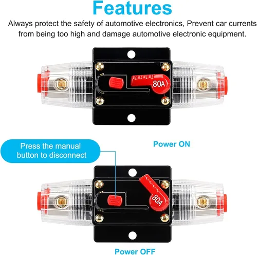 Miniatura 3 de Portafusibles de 80 amperios de 12 V-24 V CC, disyuntor de audio, portafusibles estéreo en línea para automóvil, reinicio manual, para audio
