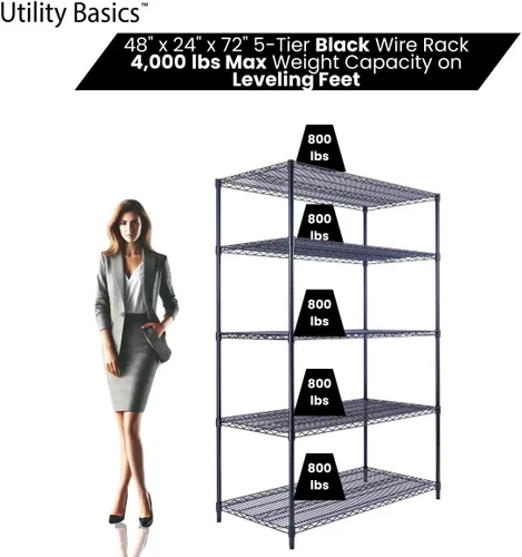 Miniatura 3 de NSF - Estantería comercial de alambre de 5 niveles con ruedas, estantes de metal resistente de 48 x 24 x 72 pulgadas, capacidad máxima de 4000 Negro