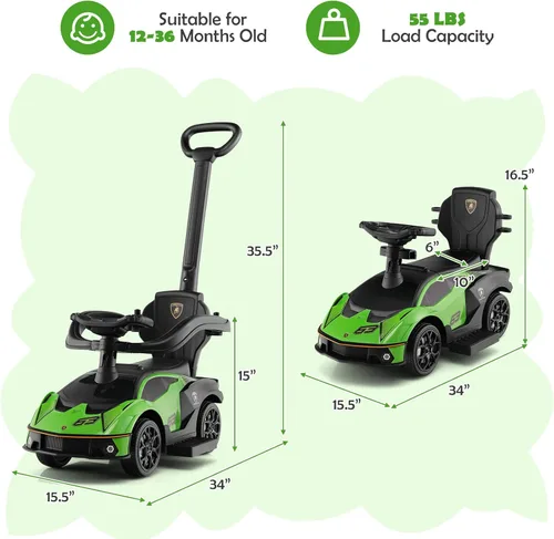 Miniatura 7 de GLACER Lamborghini - Cochecito de juguete 3 en 1 con licencia para niños con asa de empuje, barandilla para apoyabrazos, almacenamiento debajo