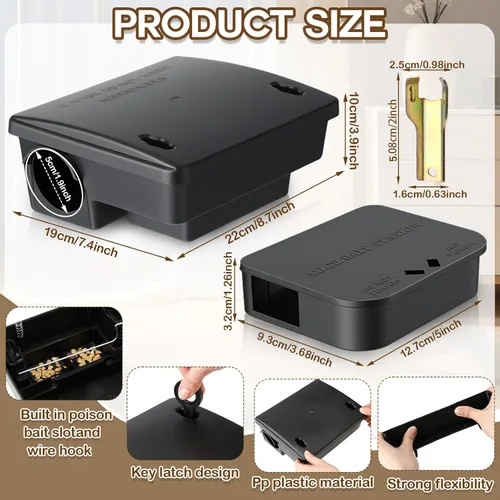 Miniatura 2 de Paquete de 4 cajas de estación de ratas requeridas para llaves, 1 caja grande y 3 compactas para cebo para ratones para exteriores, caja de cebo