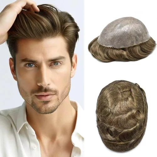 Miniatura 37 de Peluca completa de poliuretano para hombre, sistemas de reemplazo de cabello humano, piel fina y duradera, para hombre, prótesis de cabello