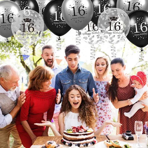 Miniatura 6 de Globos de 16 cumpleaños para decoración de niños, 15 unidades, color negro y plateado, para fiesta de feliz cumpleaños de 16 años, globos de confeti