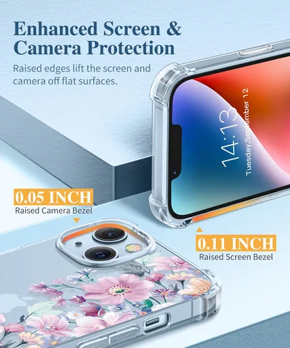 Miniatura 5 de GVIEWIN - Funda floral para iPhone 14 de 6.1 pulgadas, protector de pantalla + protector de lente de cámara, no se amarillenta, a prueba de golpes