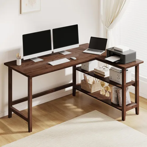 IOTXY Reversible L-Shaped Office Desk - 53" Modern Corner Computer Table with Storage Shelves, Solid Wood Legs, Home Writing & Study Workstation,