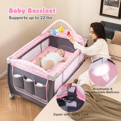 Miniatura 3 de BABY JOY 4 en 1 Pack and Play, corralito de juego portátil para bebés con moisés, puerta con cremallera lateral, mesa de cambio, centro