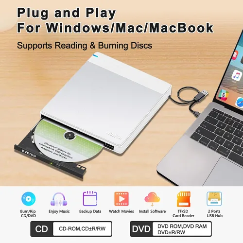 Miniatura 2 de Unidad externa de CD/DVD para portátil: Graba DVDs y CDs para respaldo de datos de archivos, compatible con M-Discs - Plug & Play para Mac Windows
