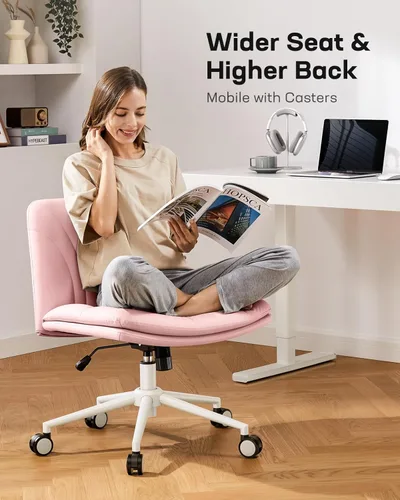 Miniatura 3 de Marsail Silla de escritorio sin brazos con ruedas: Silla amplia de cuero sintético con piernas cruzadas, sillas giratorias ajustables y cómodas