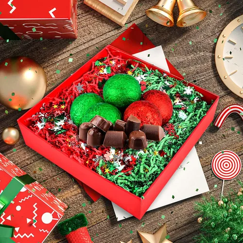 Miniatura 7 de LOMIMOS Relleno de papel de Navidad de 1 libra, papel de rafia de Navidad rojo y verde con confeti de Navidad para envolver regalos, cesta