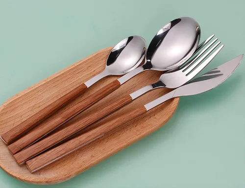 Miniatura 6 de Juego de cubiertos de madera de 32 piezas para 6 personas con mango de madera de imitación de madera de acero inoxidable para boda, hogar, cocina