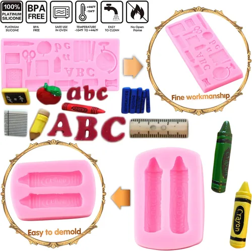 Miniatura 2 de Mujiang Moldes de silicona para el regreso a clases, bolsa escolar, libro de tijeras, paleta de dibujo, moldes para fondant, para decoración