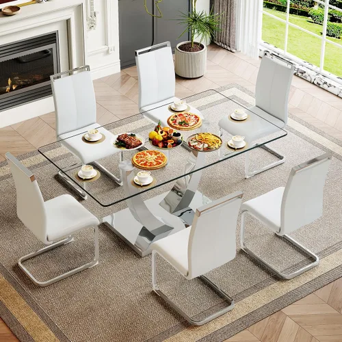 Miniatura 36 de Mesa de comedor moderna para mesa de comedor de mármol sintético de 4/6, 63 pulgadas, mesa de cocina rectangular, mesa de cocina y comedor de fácil