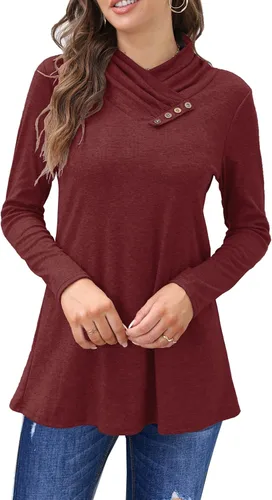 Miniatura 3 de Bluetime Camisetas de otoño para mujer, cuello vuelto, manga larga, estilo túnica, casuales, holgadas