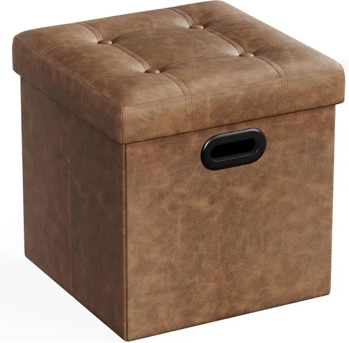 Miniatura 13 de Otomana plegable por Songmics, cubo de almacenamiento de 15 pulgadas con agujero y asa, piel sintética, Madera, Negro