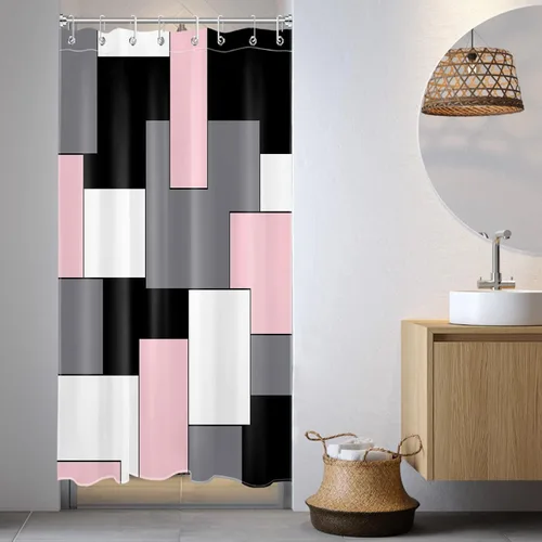 HVEST Cortina de ducha moderna rosa con ganchos, cortina de ducha geométrica abstracta gris y blanco para baño, juego de cortina de ducha