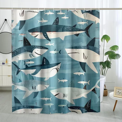 Miniatura 14 de Juego de cortinas de ducha de ballena azul, divertidas cortinas de ducha de dibujos animados de océano para baño, decoración de baño para niños