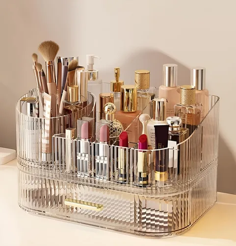 Organizador de maquillaje SpaceLuxe con cajones y soporte giratorio de 360°, almacenamiento cosmético de gran capacidad para tocador, cuidado de la
