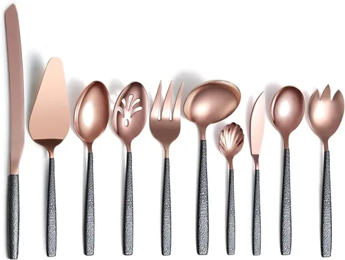 Juego de servir de metal con cabeza de cobre brillante, 10 piezas, incluye servidor para pasteles, cuchara y tenedor de ensalada, cucharón para