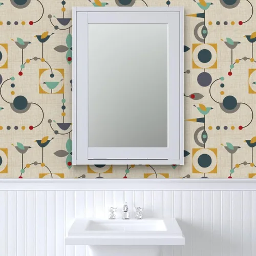Miniatura 9 de Muestras de papel tapiz para despegar y pegar, diseño de pájaros de mediados de siglo, círculos abstractos modernos de los años 50, papel tapiz