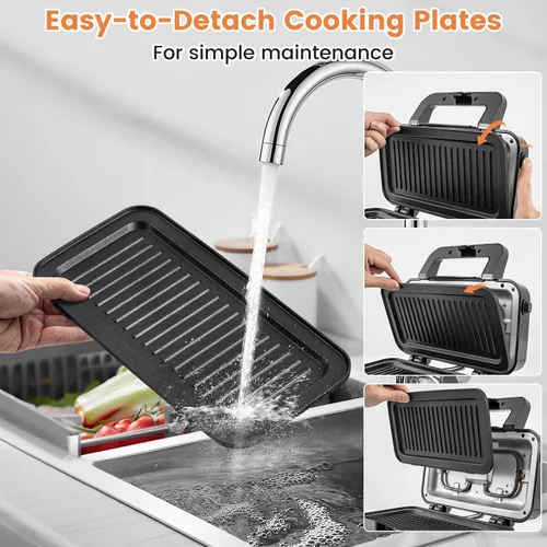 Miniatura 4 de BECOMFORT Máquina de gofres 3 en 1, prensa de sándwich con 3 placas antiadherentes extraíbles, luces indicadoras, mango de tacto frío, sandwich