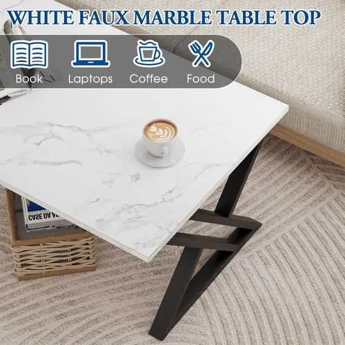 Miniatura 6 de Wolawu Mesa de Café Blanca para Sala de Estar, Mesa Central, Mesa de Té Rectangular Moderna y Simple de Falso Mármol con Estructura de Metal Negro
