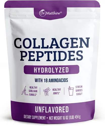 Dr. Matthew Polvo de péptidos de colágeno hidrolizados, sin sabor y alimentado con pasto para cabello, piel, articulaciones, sin OMG, apto para