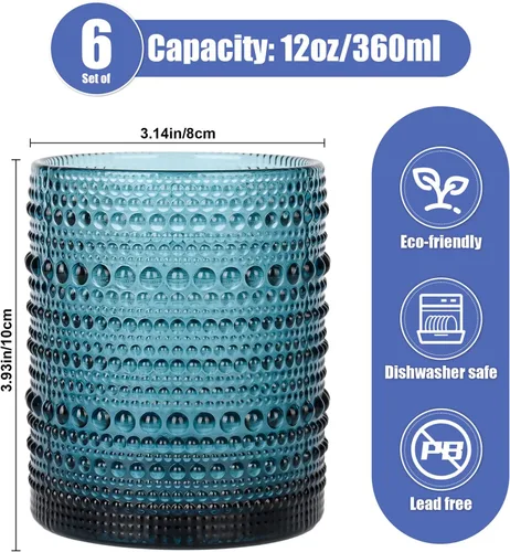 Miniatura 2 de ZMOWIPDL Juego de vasos de vidrio vintage de 6 piezas, vasos de 12 oz con asas de nudo, vaso para agua azul en relieve, para cerveza, cóctel