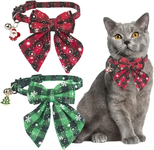 ADOGGYGO Collares Navideños para Gatos de Liberación Rápida con Lazo Elegante, Paquete de 2 Collares de Gatito Navideños a Cuadros Rojos y Verdes