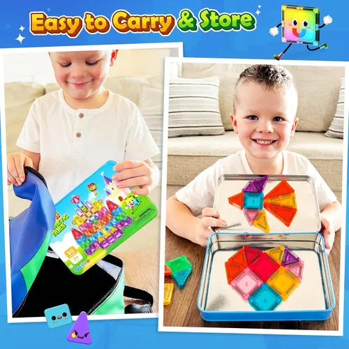 Miniatura 3 de Soyee Mini azulejos magnéticos de viaje, 60 piezas con estuche de lata de metal, juguetes esenciales de viaje, juguetes de viaje para niños