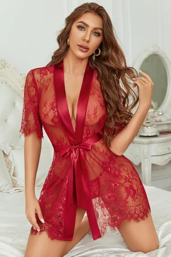Miniatura 2 de Avidlove - Bata de noche tipo kimono para mujer, de encaje floral, camisón de malla transparente, lencería tipo babydoll