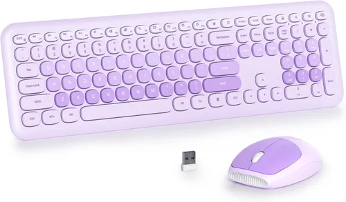 Miniatura 15 de Combo de teclado y mouse inalámbricos de 104 teclas, tamaño completo, color azul con teclas redondas silenciosas, ideal para portátiles y Azul blanco