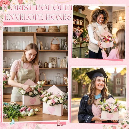 Miniatura 7 de Geyee 10 cajas sobre para ramo de floristería de graduación clase de 2026, ramo de flores de corazón rosa, embalaje de papel de regalo, bolsas