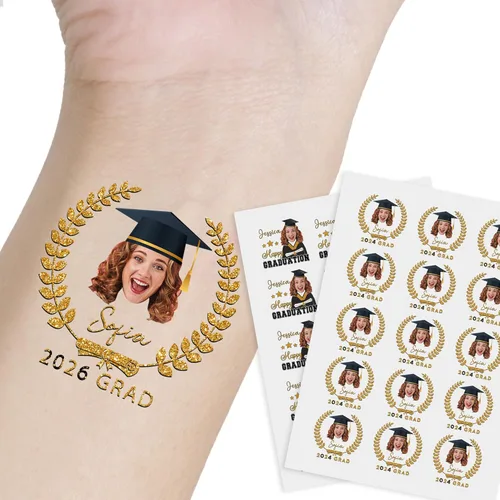 Tatuaje temporal personalizado para graduación 2024, tatuajes realistas falsos con divertidas decoraciones de celebración de ceremonia de cara, 15