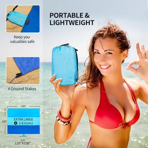 Miniatura 2 de HIHOHO Manta de playa a prueba de arena, impermeable, de secado rápido, ligera, para picnic azteca al aire libre, 79 x 83 pulgadas, 120 x 108 Blue-02