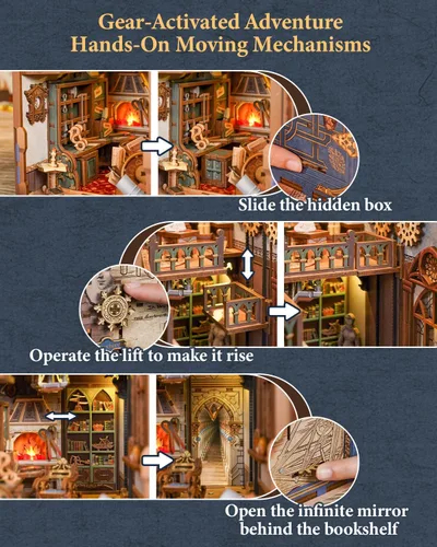 Miniatura 5 de Tonecheer Kit de rincón de libros para adultos, rompecabezas 3D de madera, kit de casa en miniatura, estante de libros para casa de muñecas, soporte
