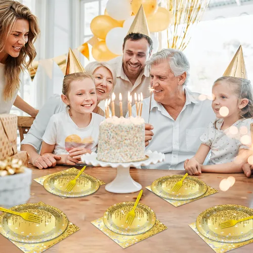 Miniatura 5 de Juego vajilla de 96 piezas fiesta de cumpleaños temática dorada, platos extendidos con diamantes dorados, servilletas doradas, tenedores, 24
