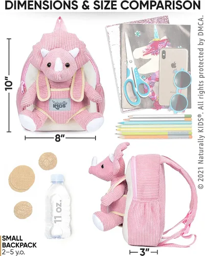 Miniatura 5 de Naturally KIDS Mochila para niños y niñas con animales de peluche, regalos para niños de 3, 4, 5, 6, 7 años, 04 Small Pink Triceratops, Viajar