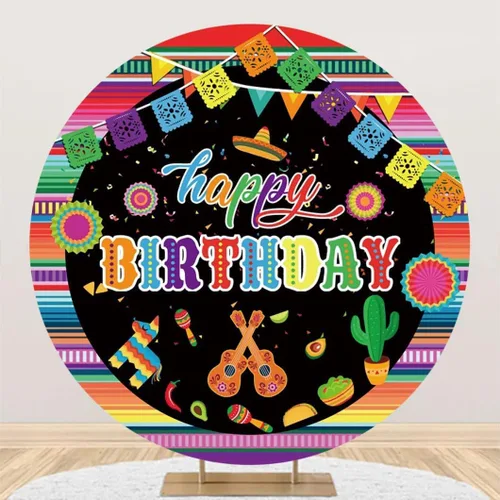Renaiss Cubierta de fondo redonda de 3 x 3 pies para fiesta mexicana de cumpleaños, temática de feliz cumpleaños, fotografía de fondo, banderas,