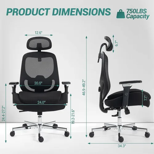Miniatura 3 de Silla de Oficina Grande y Alta de 750 LBS, Silla Ejecutiva de Servicio Pesado con Brazos 4D, Silla Ergonómica de Escritorio para Computadora