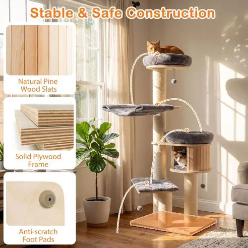 Miniatura 8 de Tangkula Árbol moderno para gatos, torre grande de varios niveles con condominio, hamacas y cesta colgante, árbol alto para gatos con postes